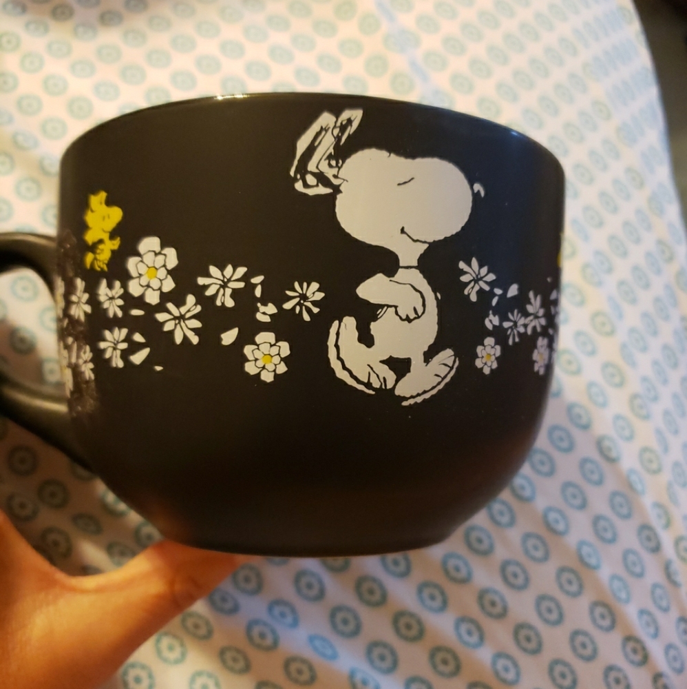 Disney Peanuts Snoopy & Woodstock Black & White Floral Soup Mug NWT
